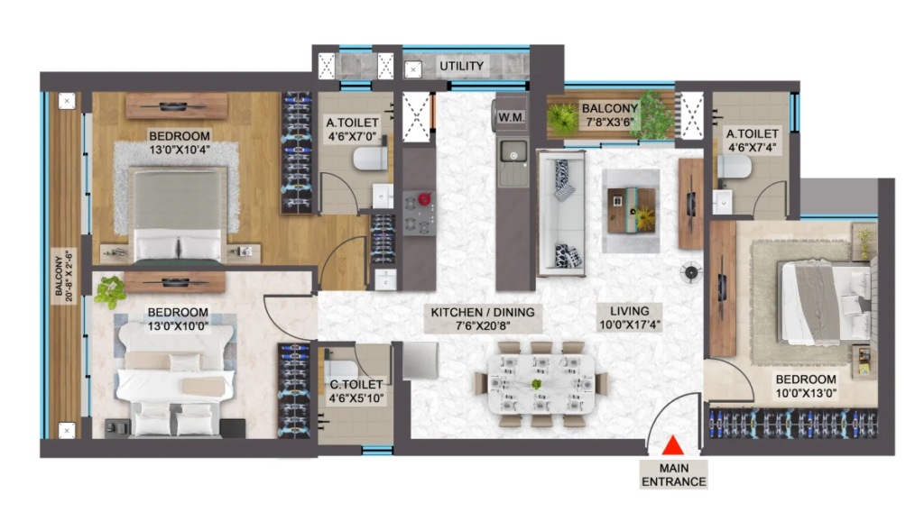 spr city floor plan of spacious 3bhk plan - 3 bhk apartment